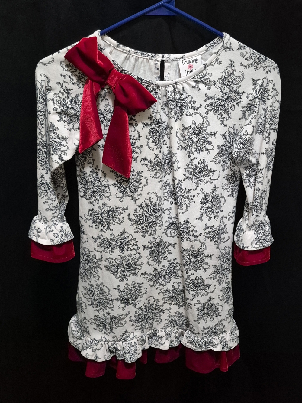 Girls White Floral Dress with Red Bow Accent